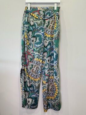The Korner Boutique Green Multi Floral Boho Wide-Leg Satin Pants